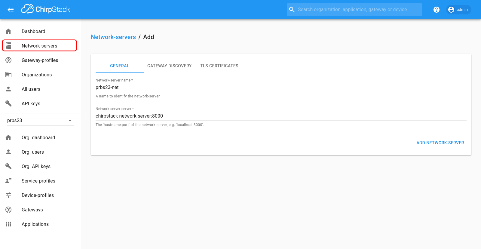 Adding network server connection to the application server.