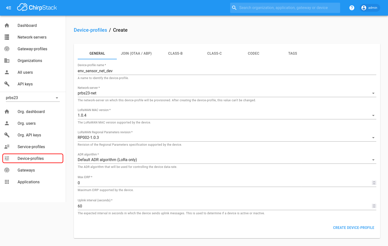 Creating a device profile.