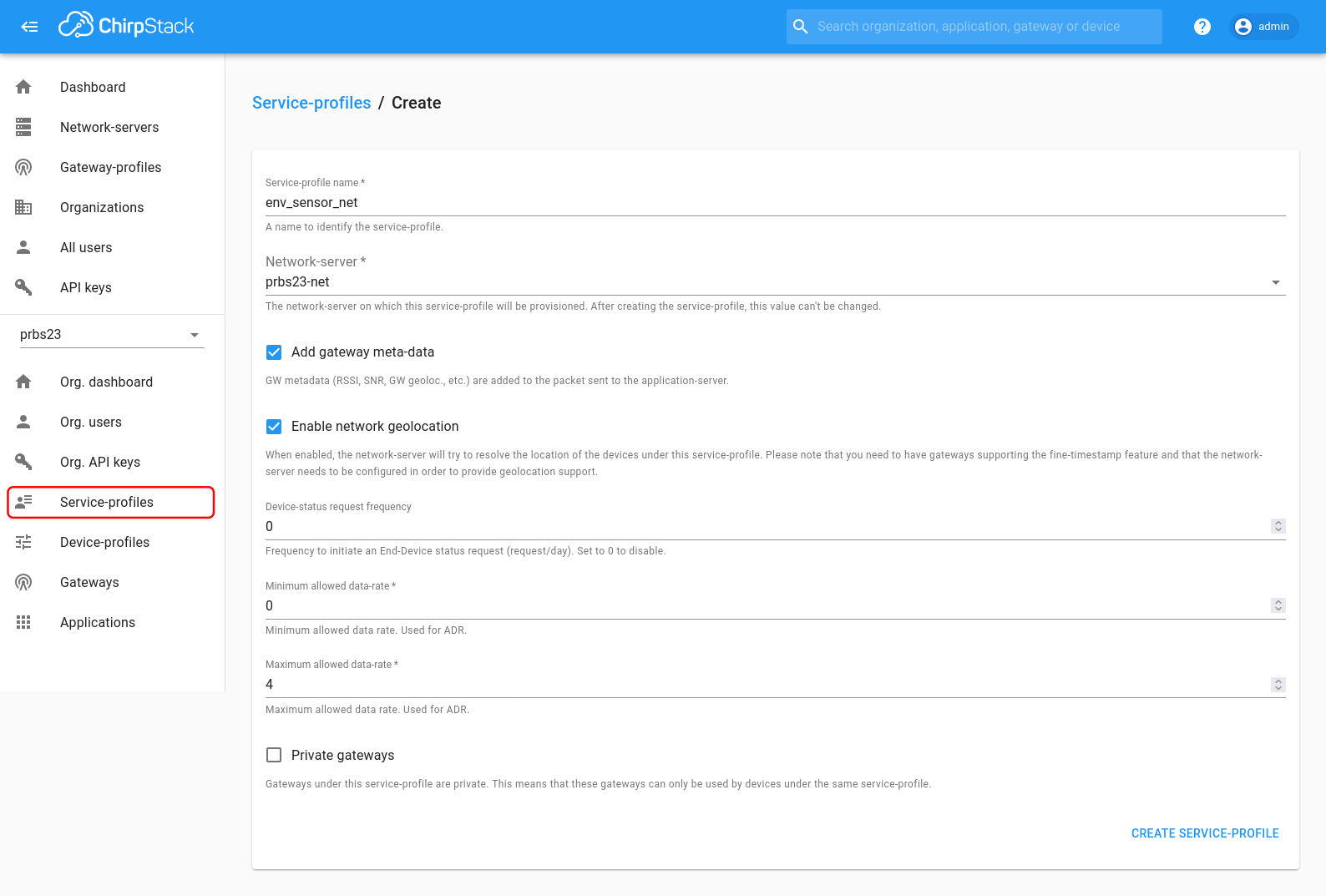 Creating a service profile.